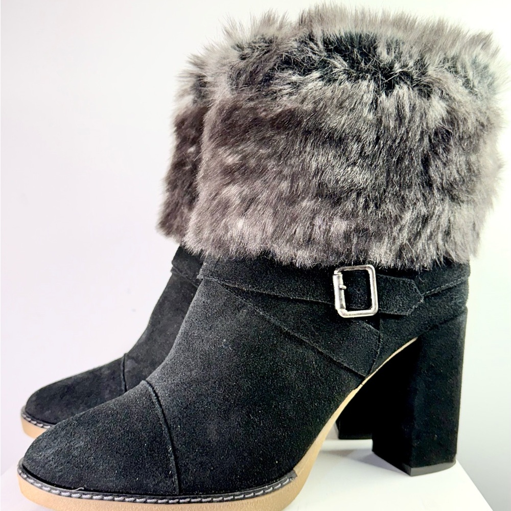 Suede Heeled Booties with Faux Fur Trim